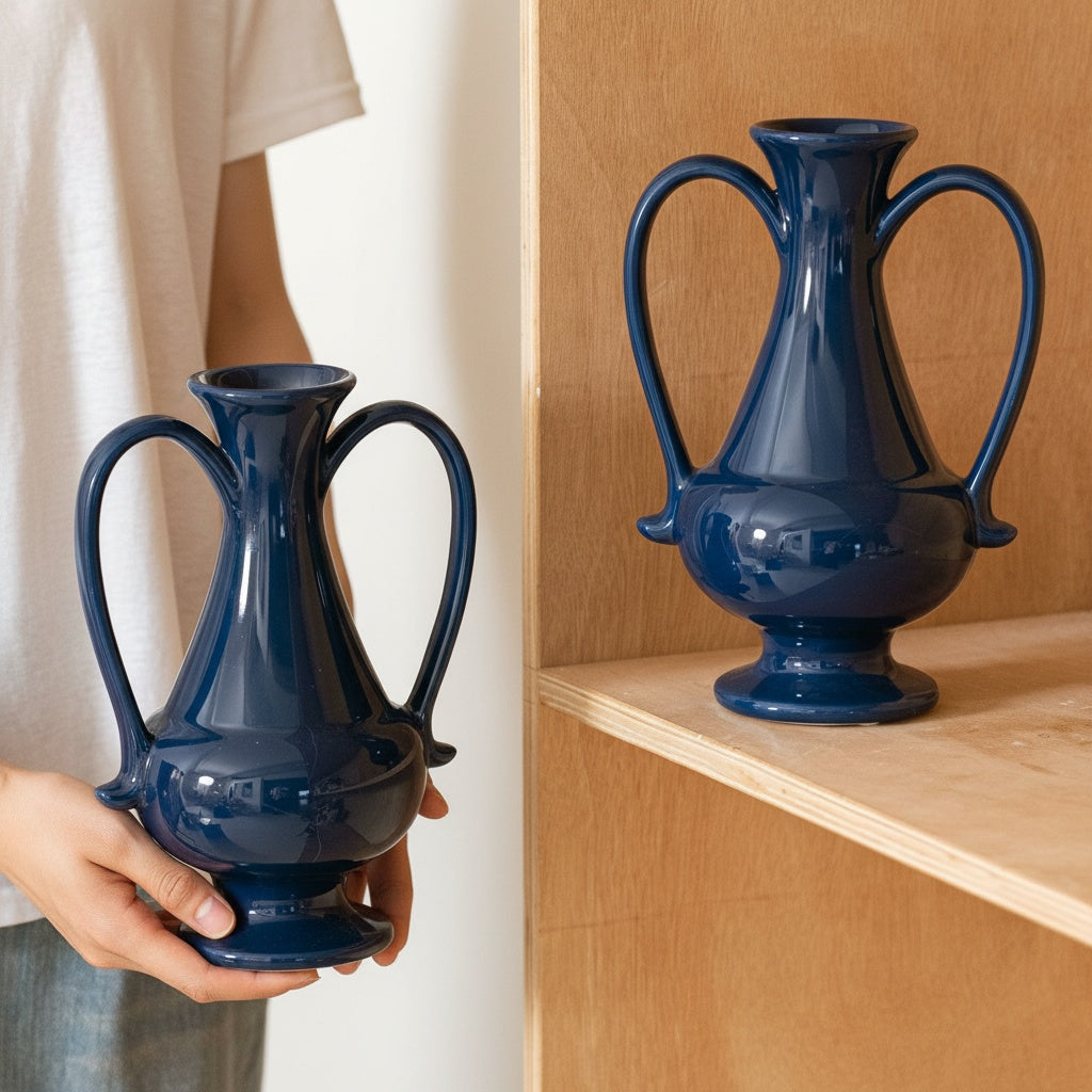 Glossy Navy Ceramic Amphora Vase