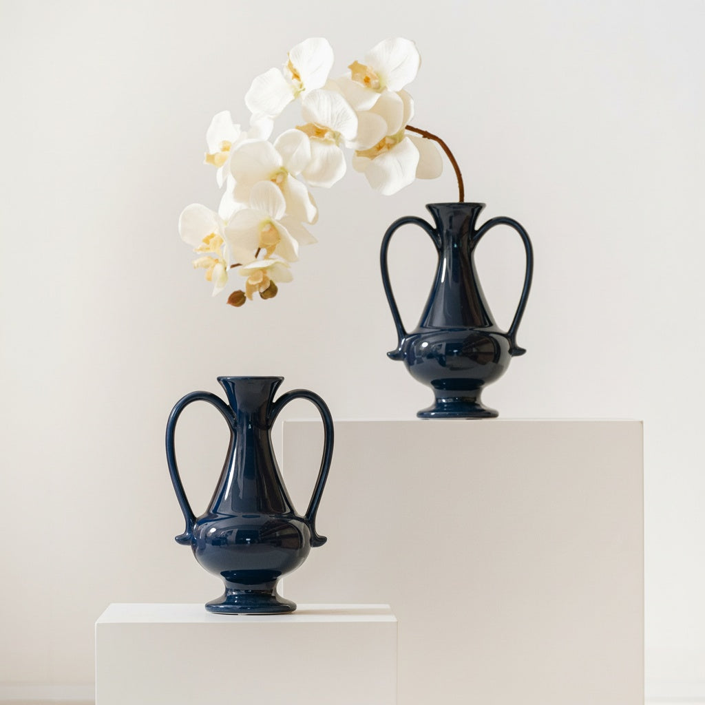 Glossy Navy Ceramic Amphora Vase