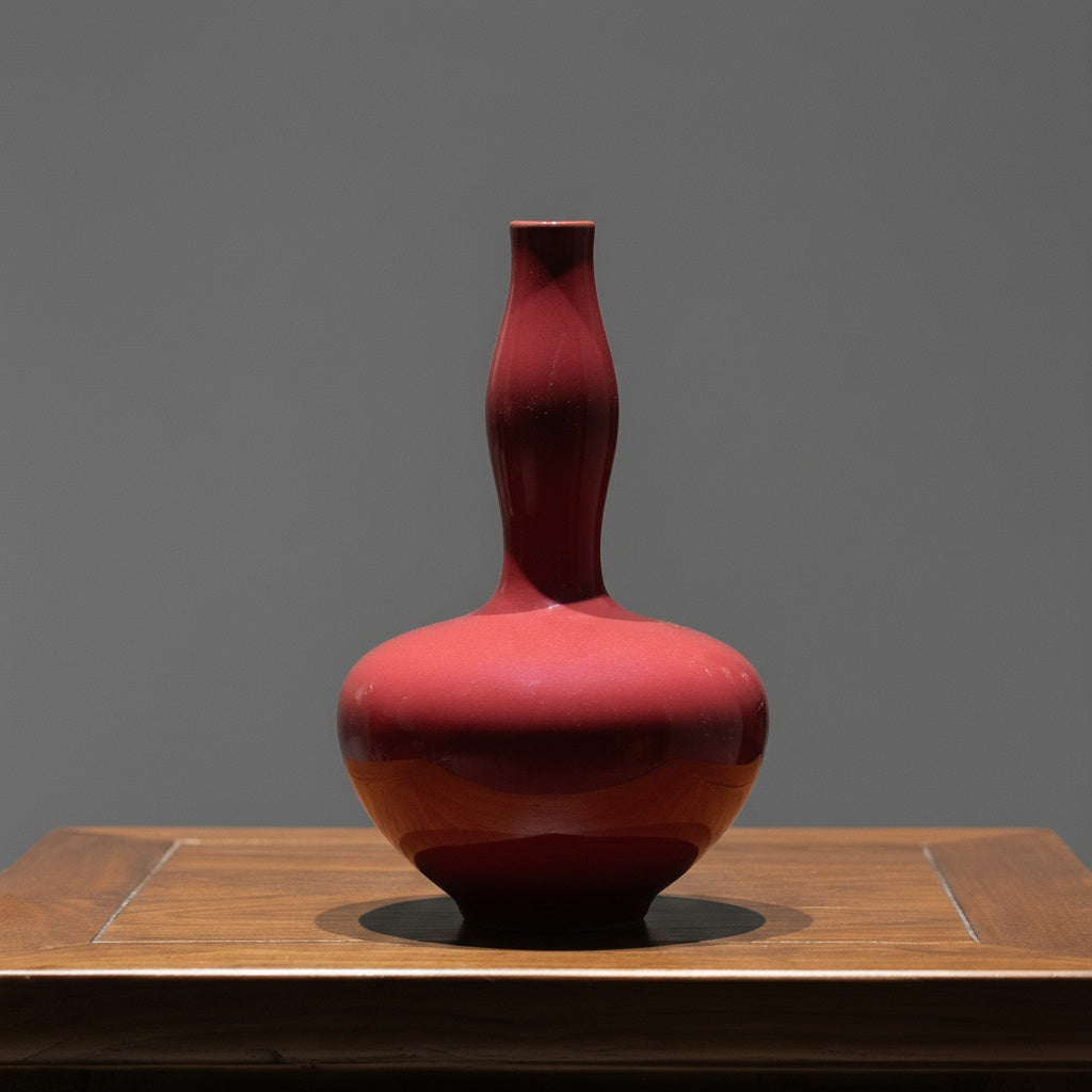 Front view of glossy red ceramic bottle vase on wooden stand