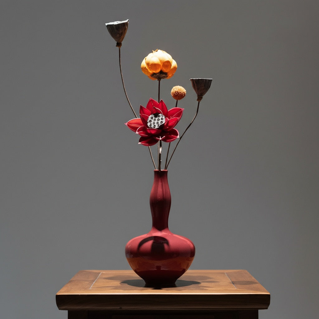 Glossy red ceramic bottle vase with decorative dried flowers on table