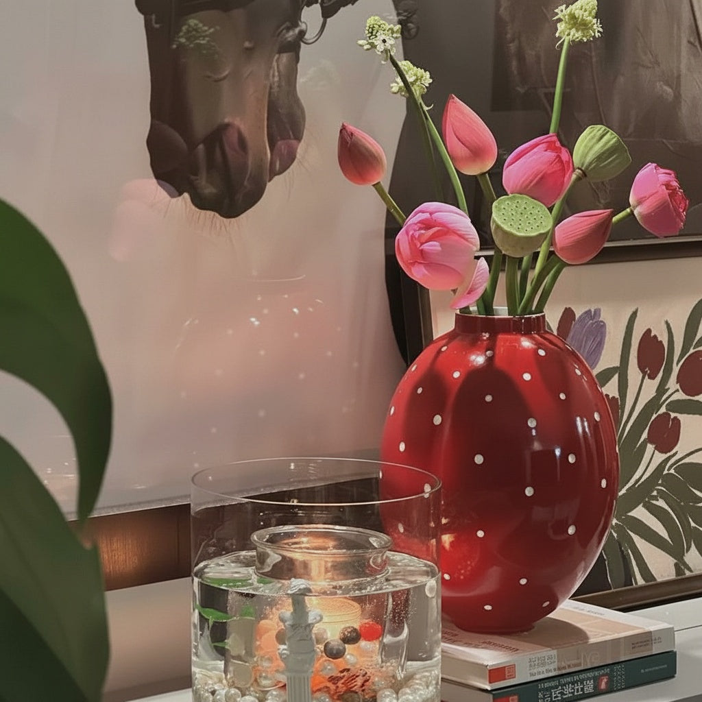Glossy Red Ceramic Polka Dot Oval Vase