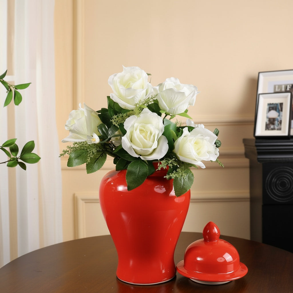 Glossy Red Ceramic Temple Jar With Lid styled with white roses