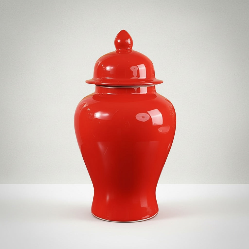 Glossy Red Ceramic Temple Jar With Lid on white background
