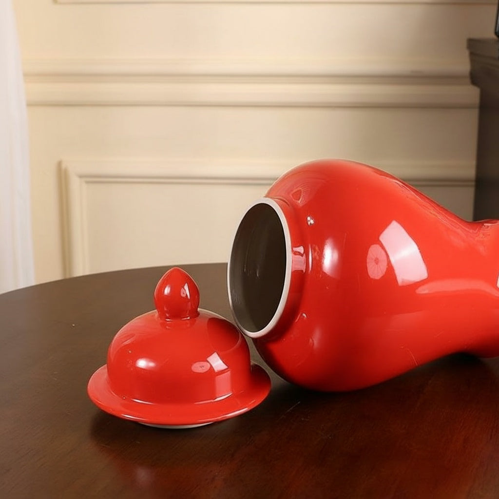 Glossy Red Ceramic Temple Jar With Lid open showing interior