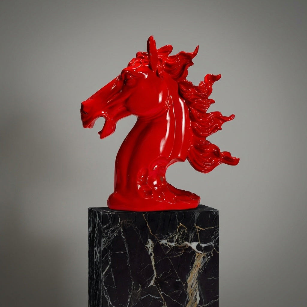 Side view of vibrant red horse bust decor on black marble stand