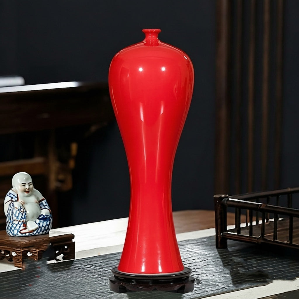 Glossy Red Porcelain Tall Vase