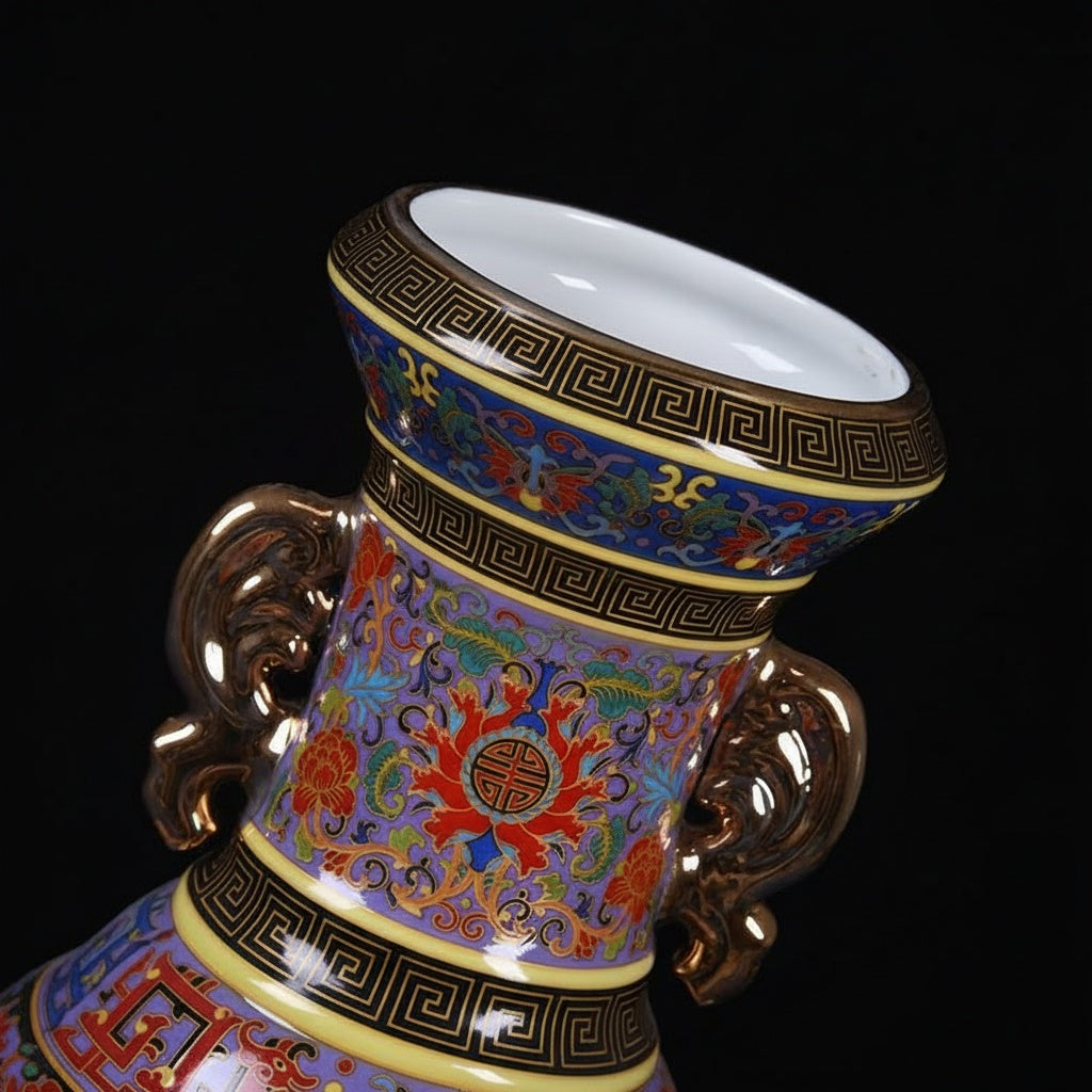 Gold Accented Floral Porcelain Vase Top Detail