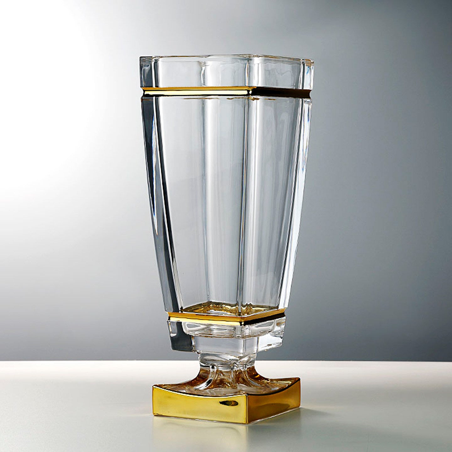 Full profile view of the glass pedestal vase