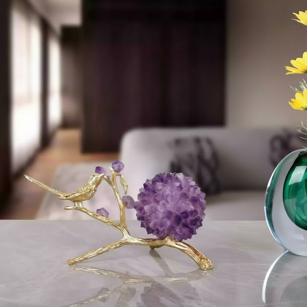 Gold & Amethyst Crystal Bird Branch Sculpture