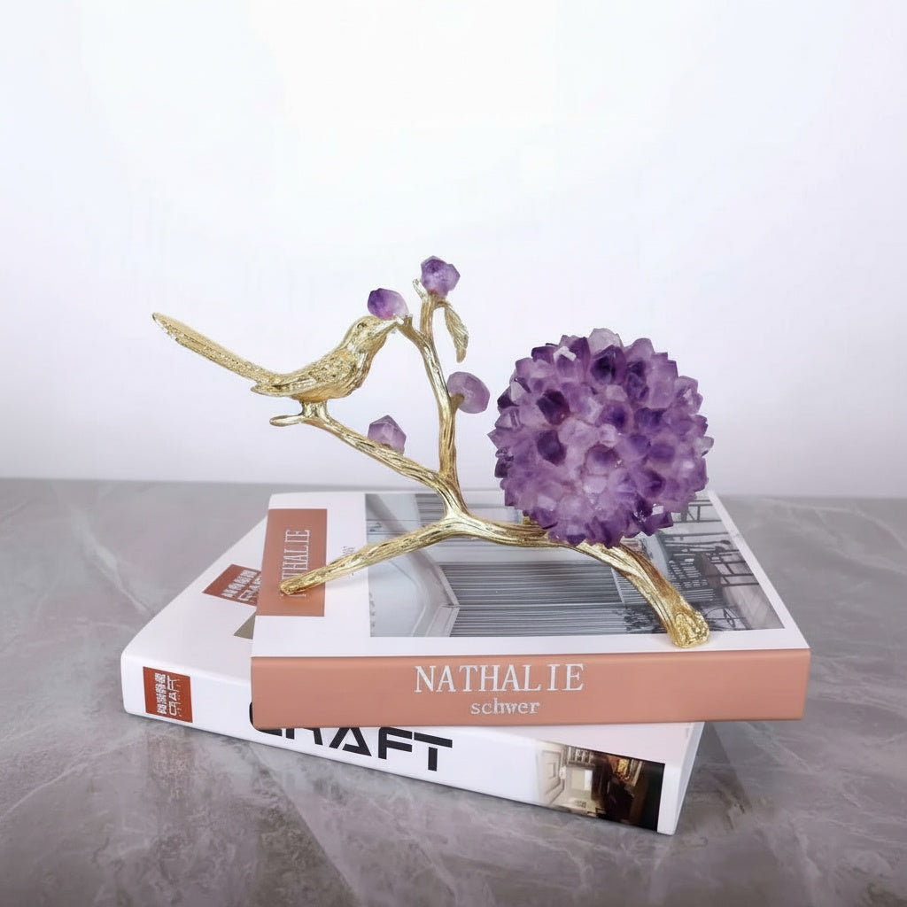 Gold & Amethyst Crystal Bird Branch Sculpture