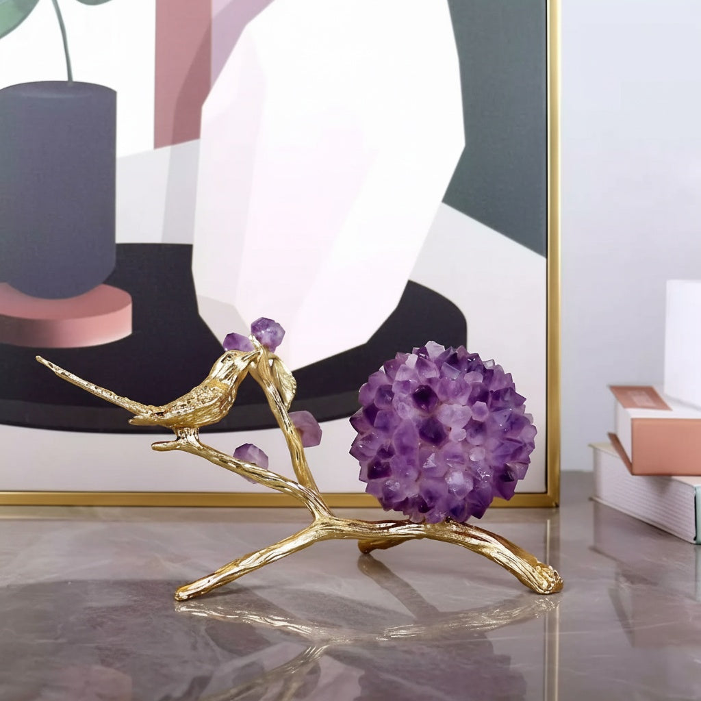 Gold & Amethyst Crystal Bird Branch Sculpture