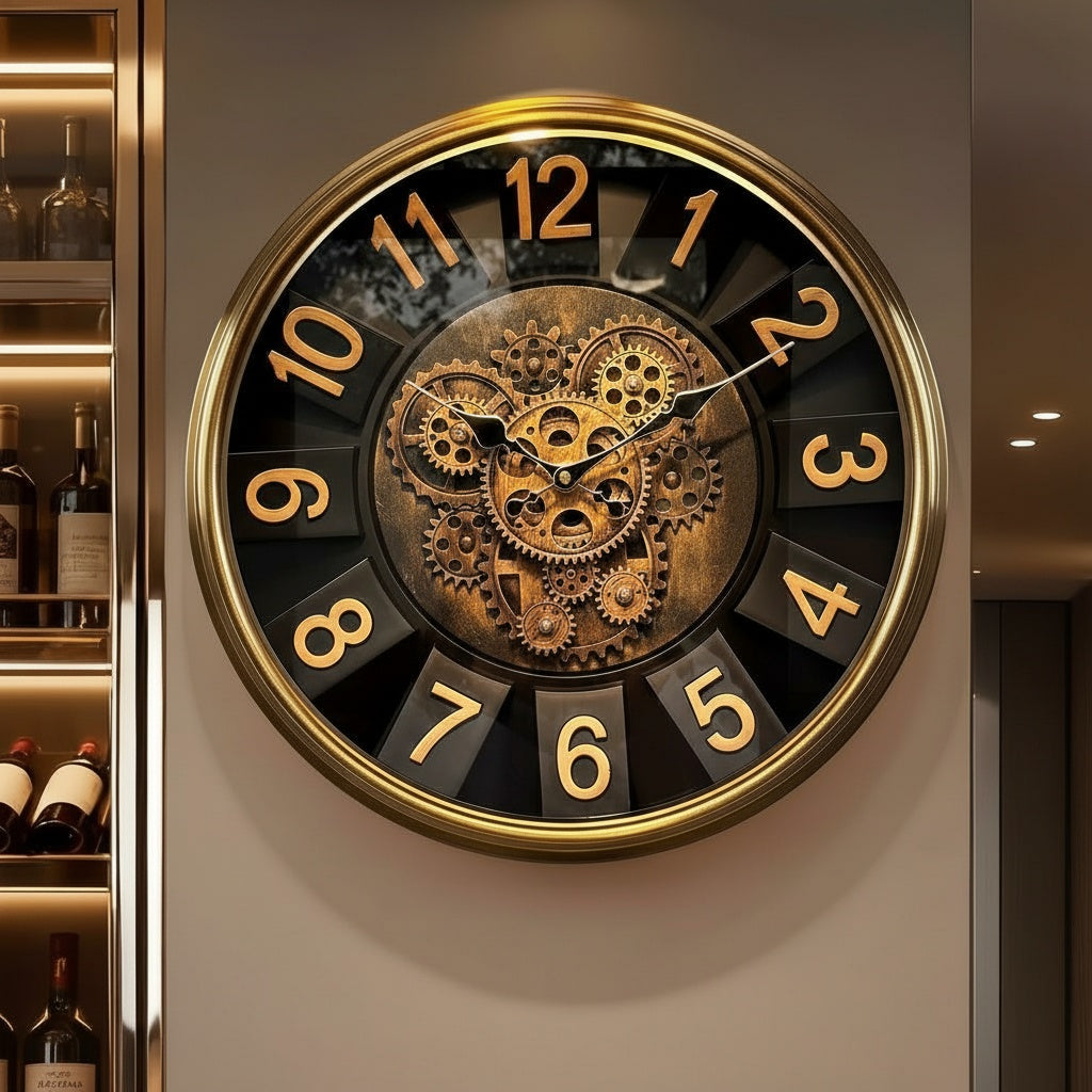 Front view of gold and black industrial gear wall clock