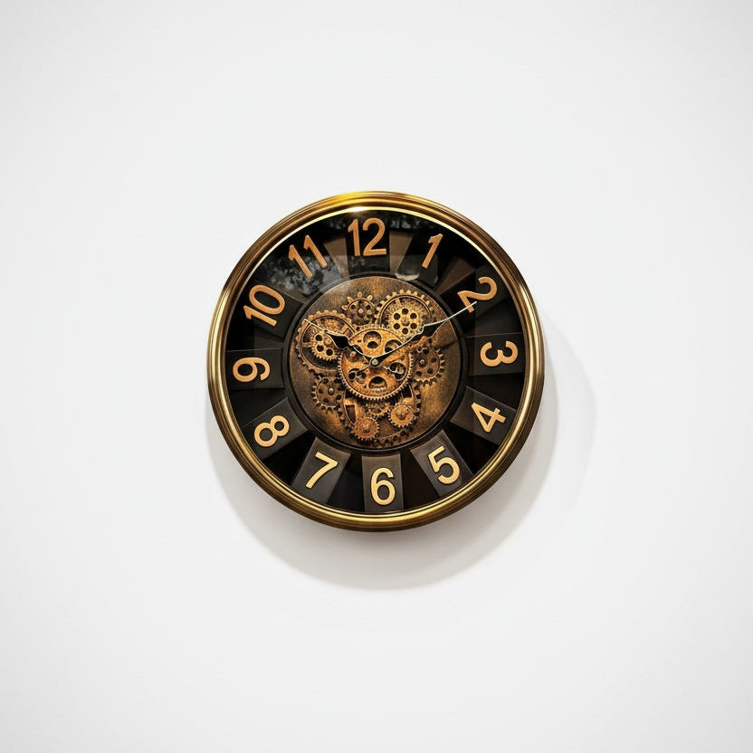 Isolated view of round gear wall clock on white background