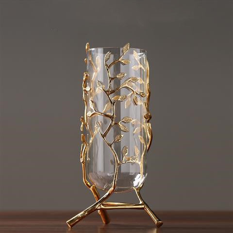 Gold alloy branch stand with cylindrical glass vase front view