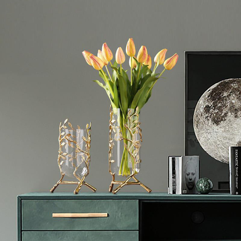 Lifestyle shot of vase with tulips on green sideboard