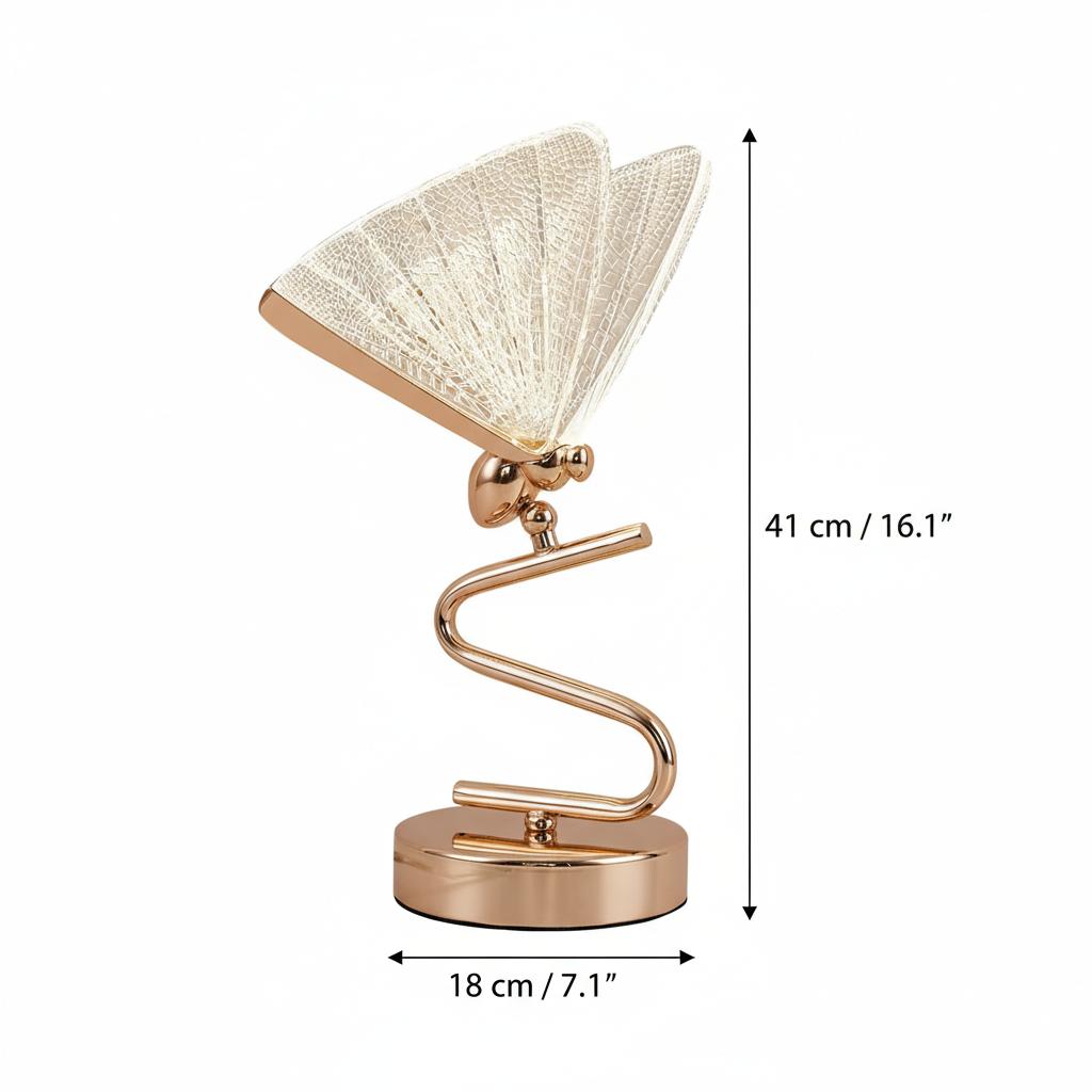 Dimensions diagram of gold butterfly table lamp
