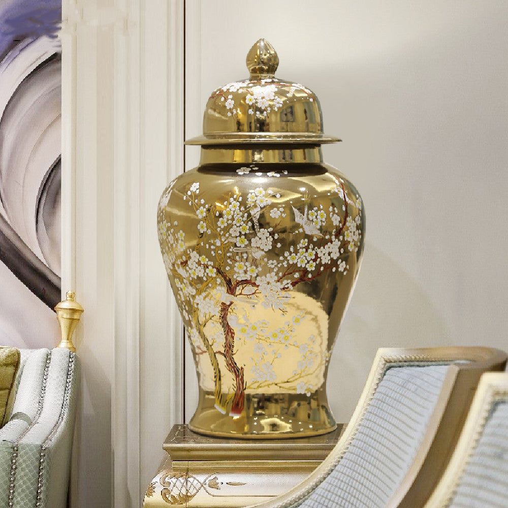 Context shot of gold ceramic jar in luxury setting