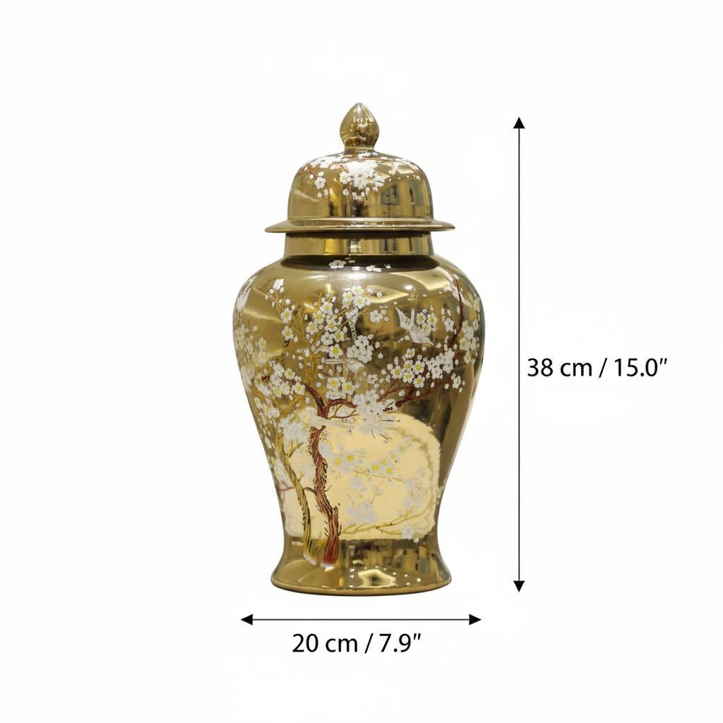 Dimension diagram of gold ceramic temple jar