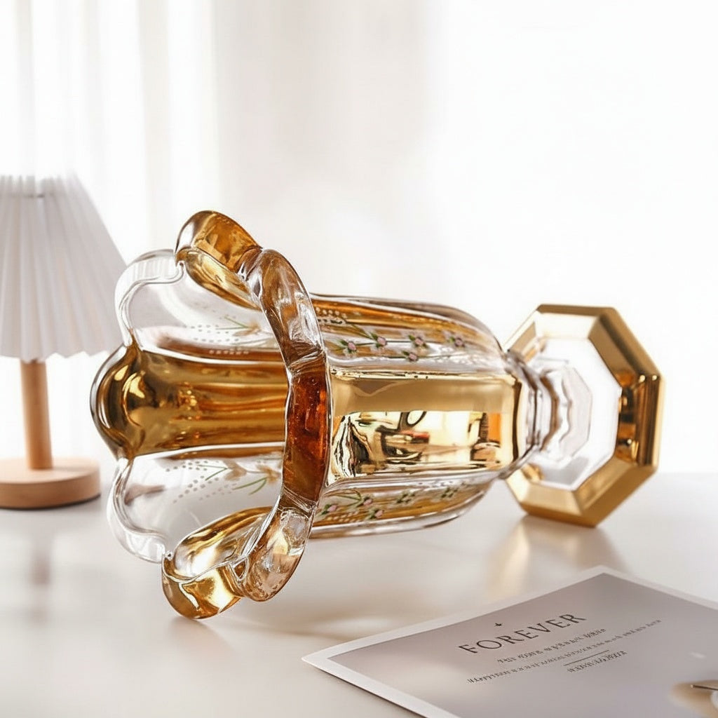 Top angled view showing the rim and hollow interior of the gold vase