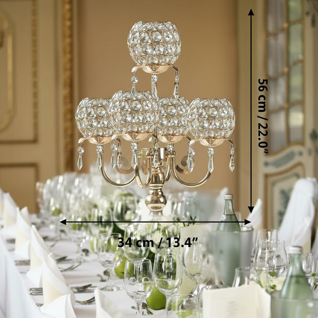 Gold metal 5-arm candelabra with crystal globes on dining table