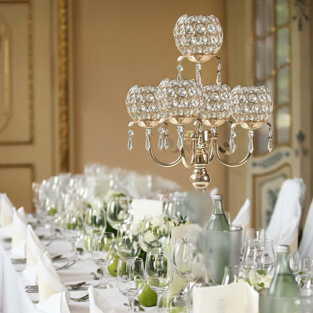 Low angle view of gold and crystal candelabra centerpiece