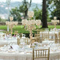 Gold candelabra with crystal globes in outdoor event setting