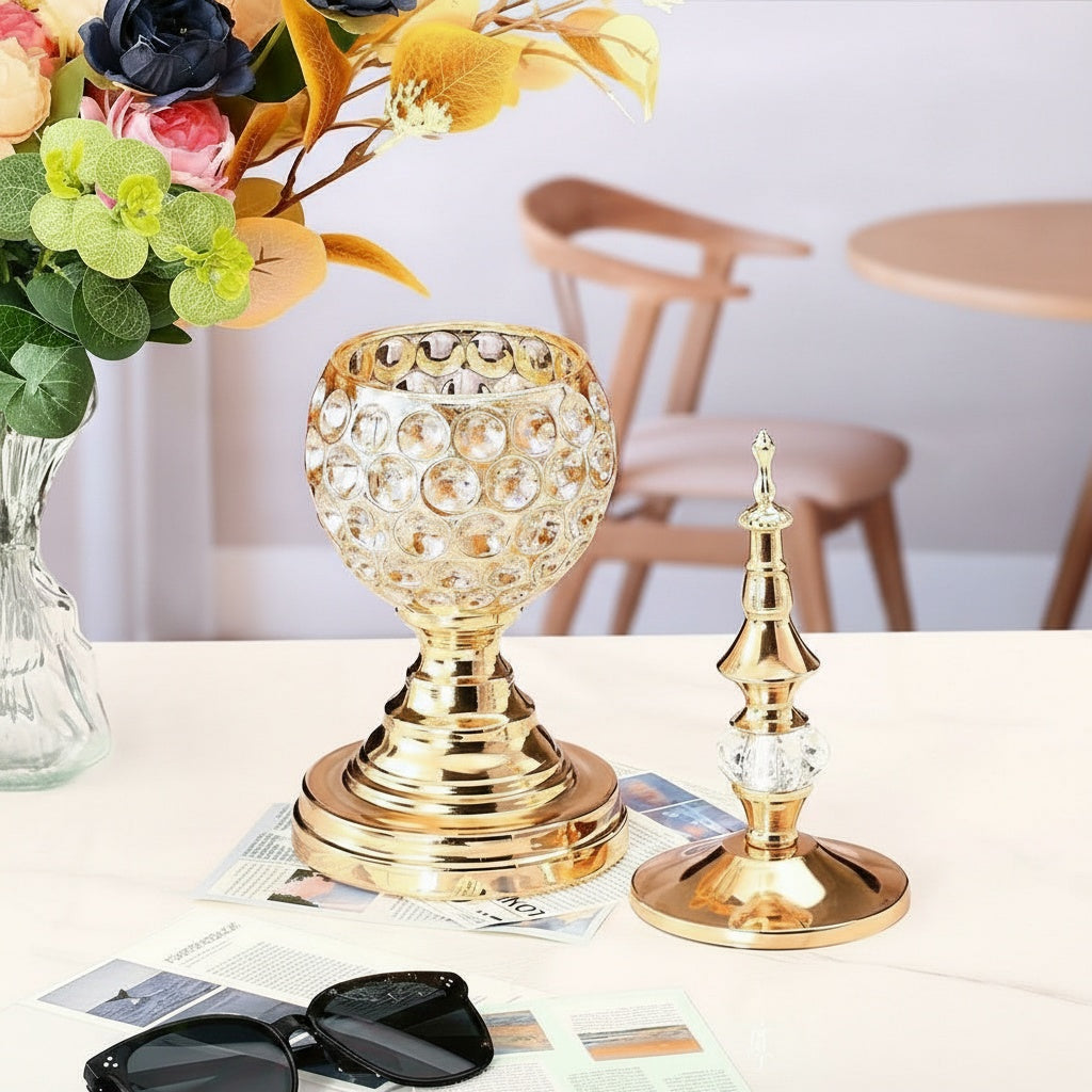Disassembled ornament showing removable lid and crystal globe base