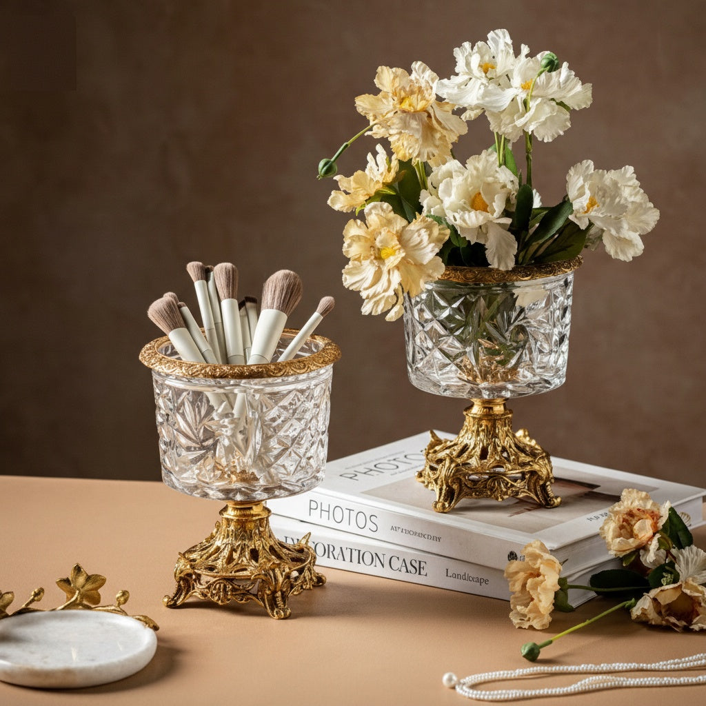 Gold and crystal vanity organizer holding makeup brushes