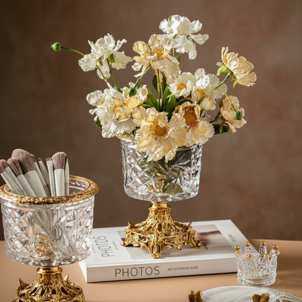 Ornate gold footed glass holder with flowers