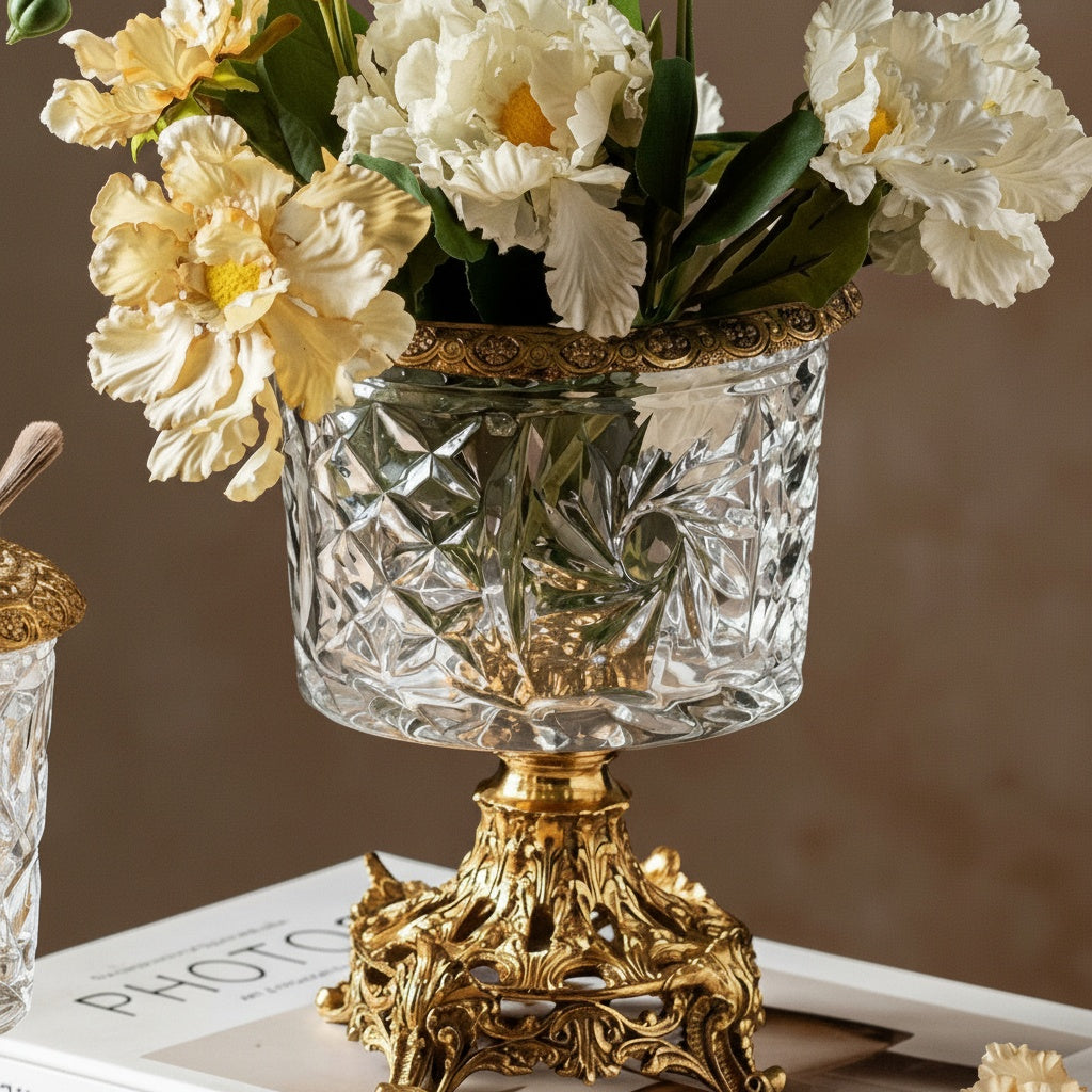 Close up of cut glass pattern on gold base
