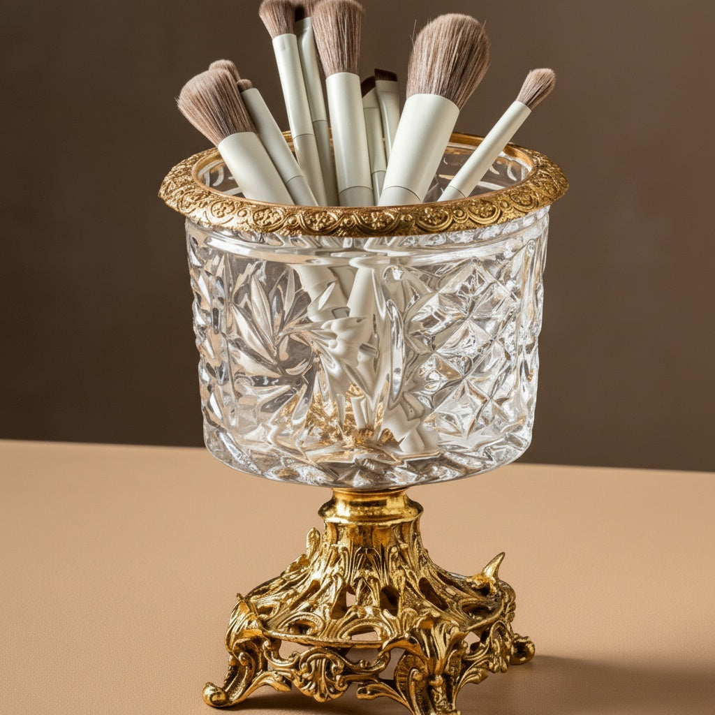 Luxury gold makeup brush holder on beige surface