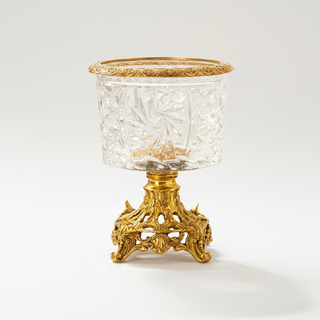 Isolated view of gold and crystal footed organizer