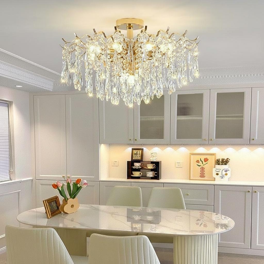Kitchen setting showing gold crystal ceiling light