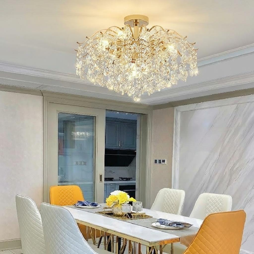 Dining room context with unlit crystal chandelier