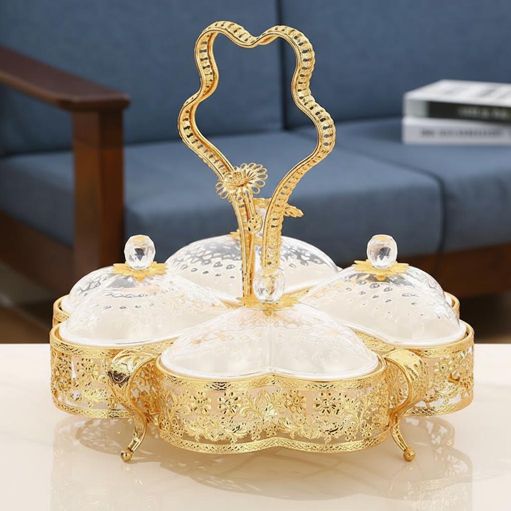 Front view of gold filigree serving tray with handle