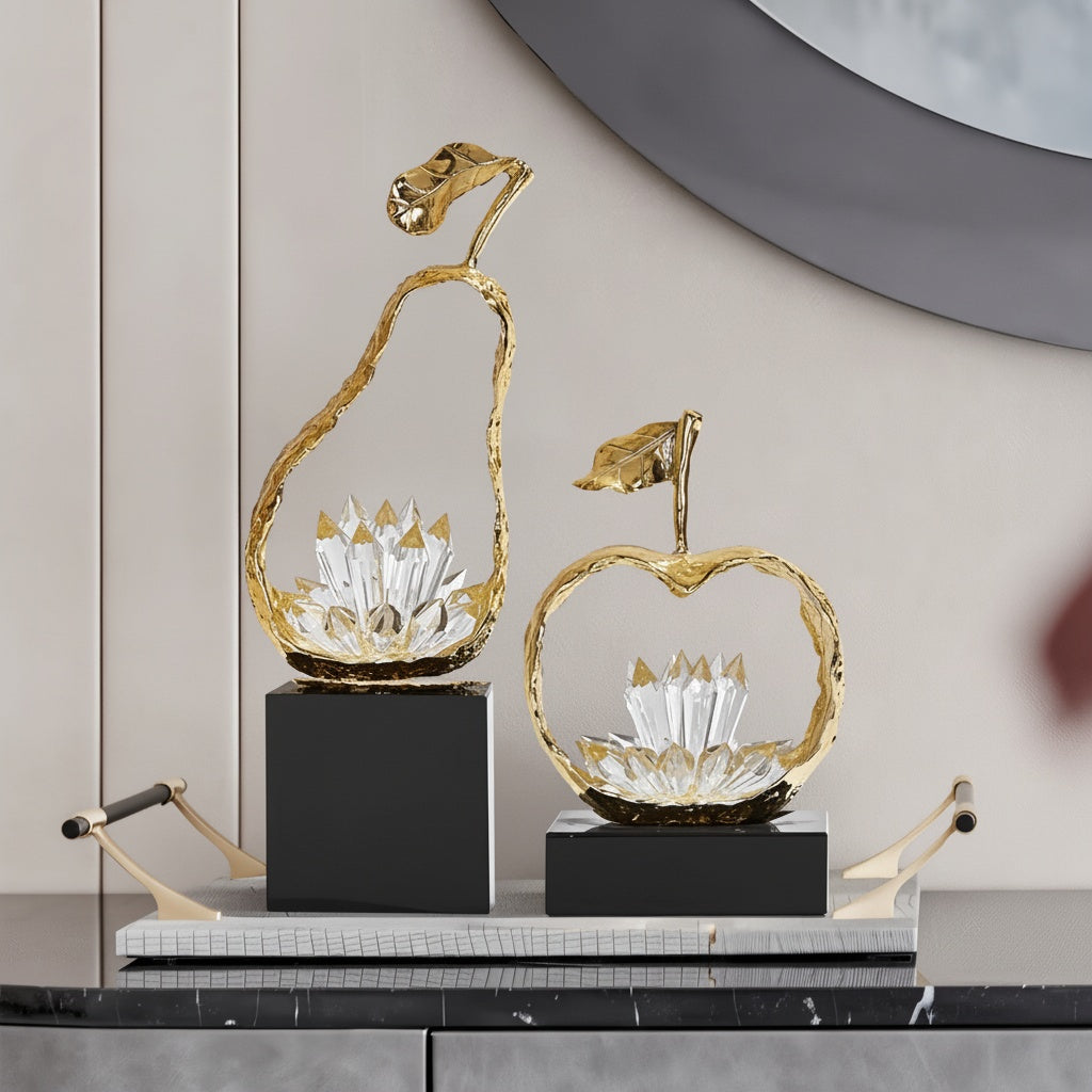 Gold Finish Apple And Pear Sculptures