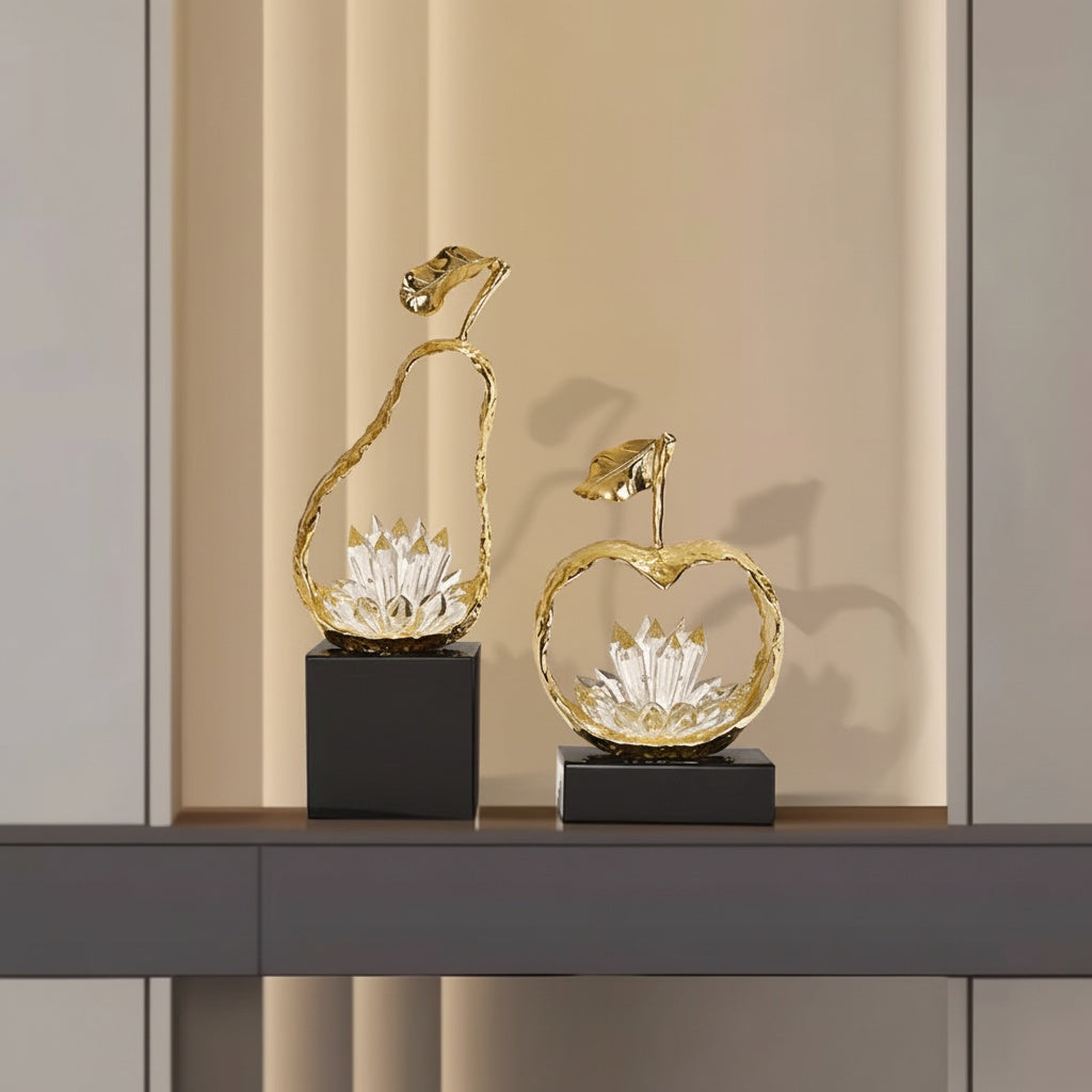 Gold Finish Apple And Pear Sculptures