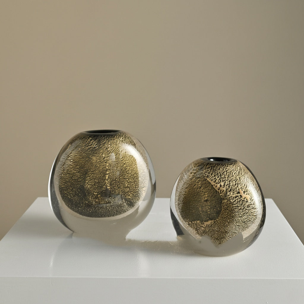 Two gold-flecked glass spherical vases on white pedestal