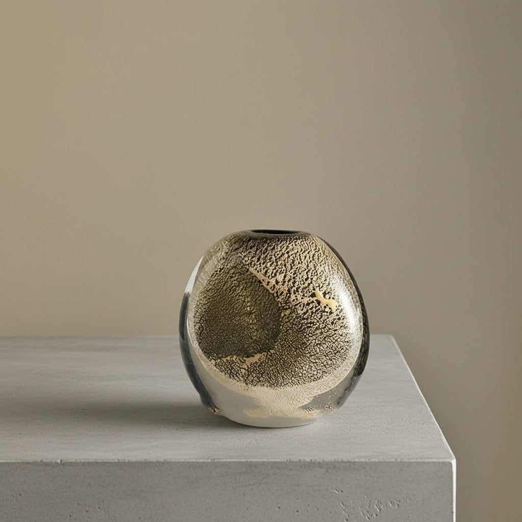 Single gold-flecked glass round vase on white surface
