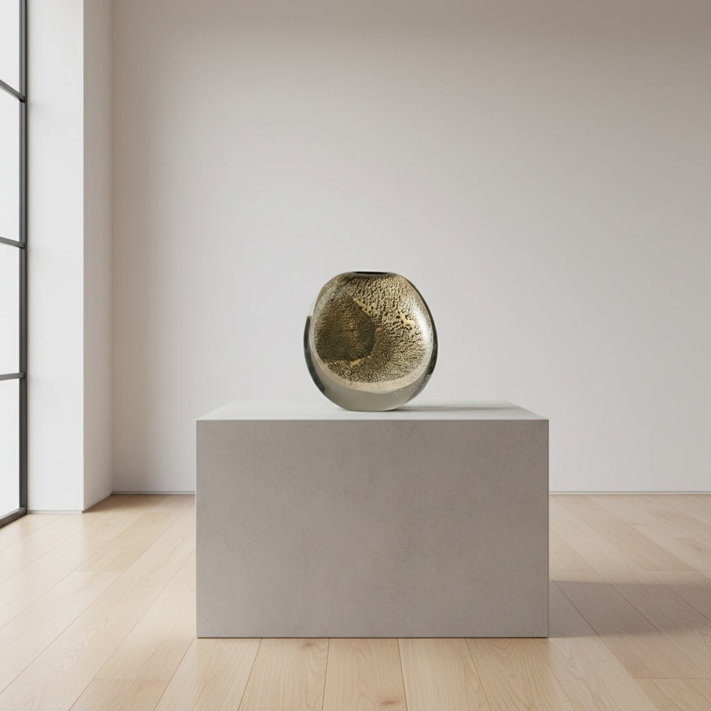 Gold-flecked glass spherical vase isolated on white background