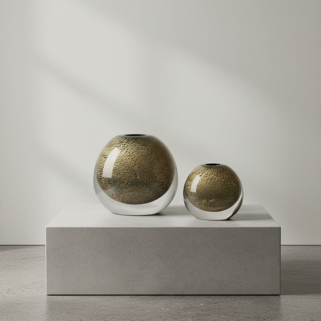 Two gold glass vases styled on open book