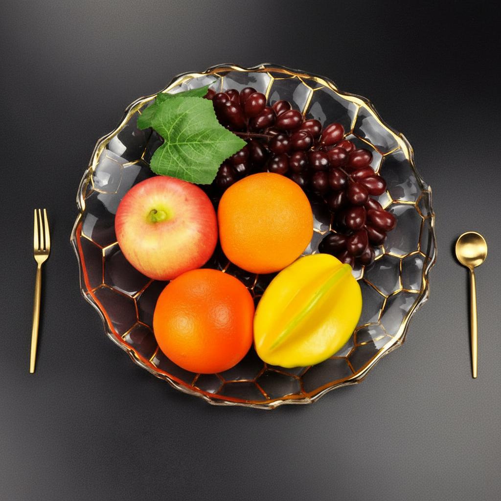 Top view of gold honeycomb glass fruit plate filled with fruit