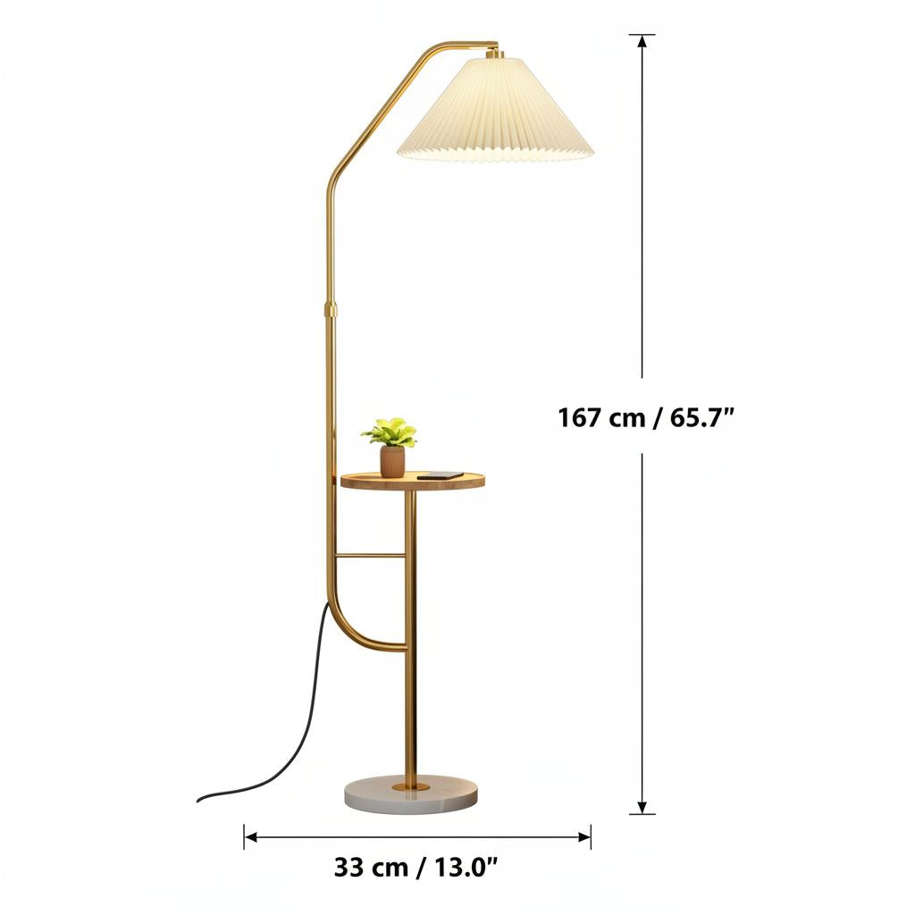 Dimensions of gold metal arched floor lamp with integrated table