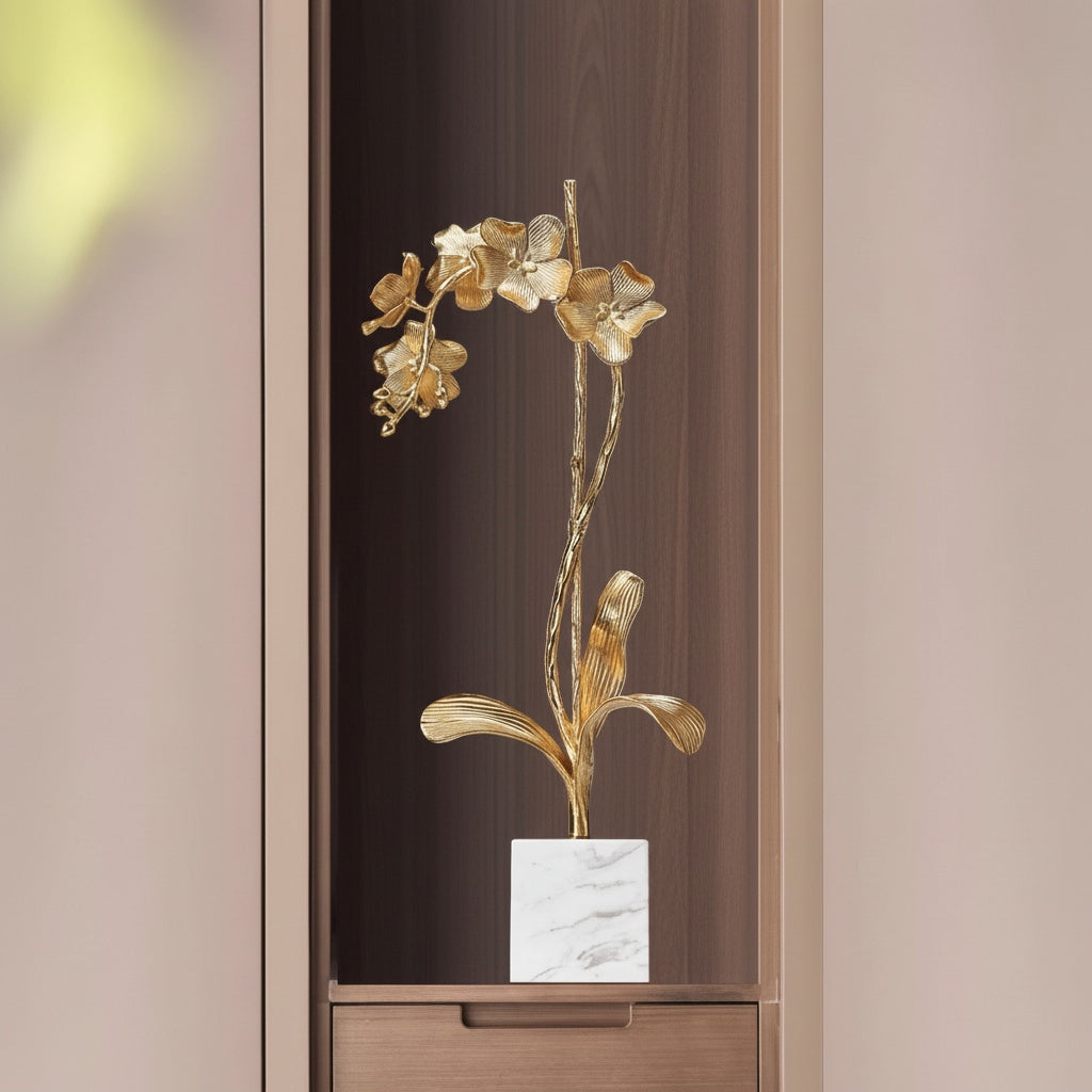 Gold Metal & Marble Orchid Sculpture