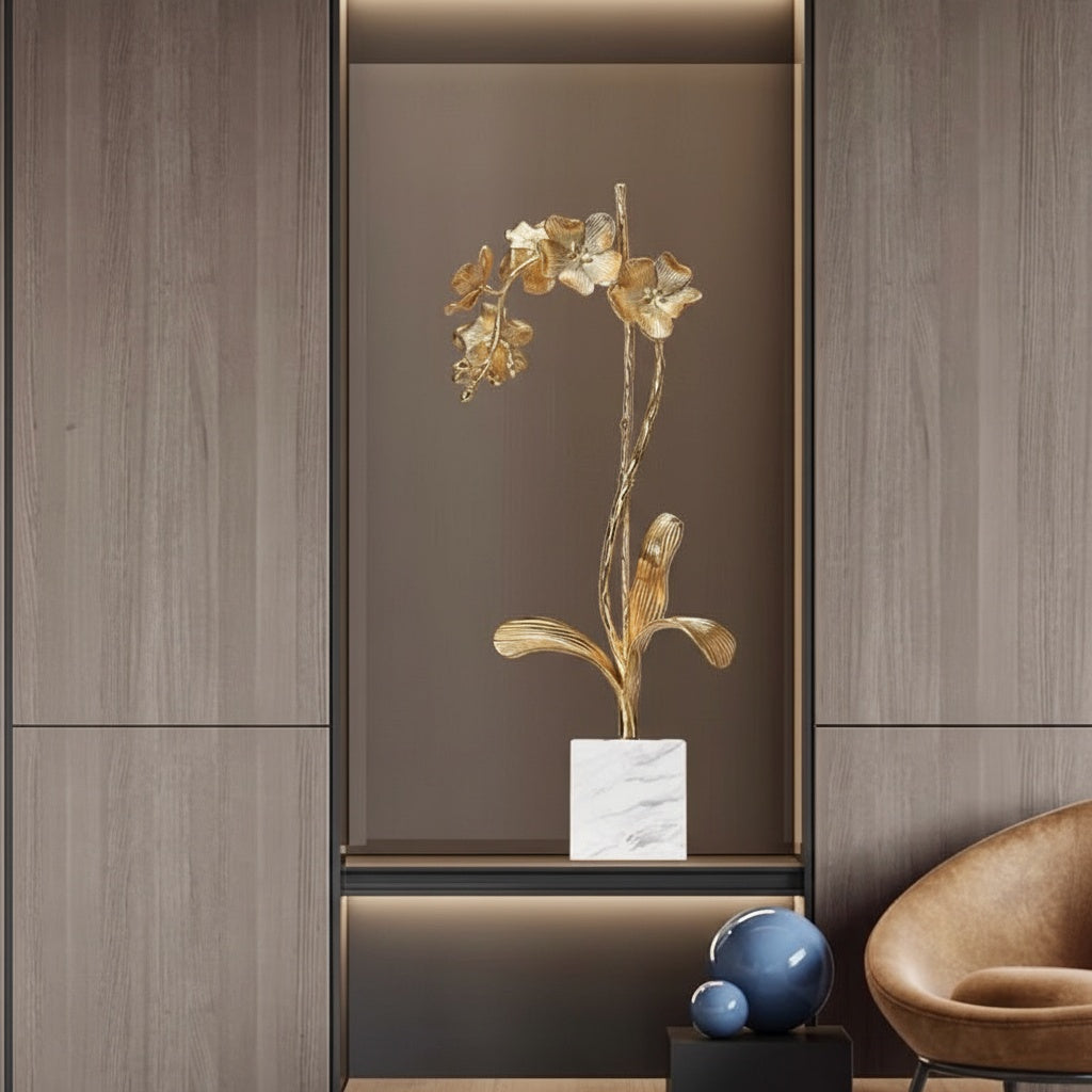 Gold Metal & Marble Orchid Sculpture