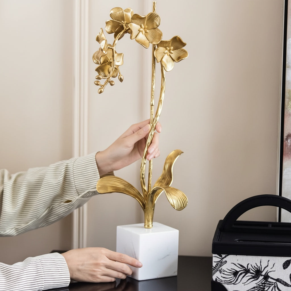 Gold Metal & Marble Orchid Sculpture