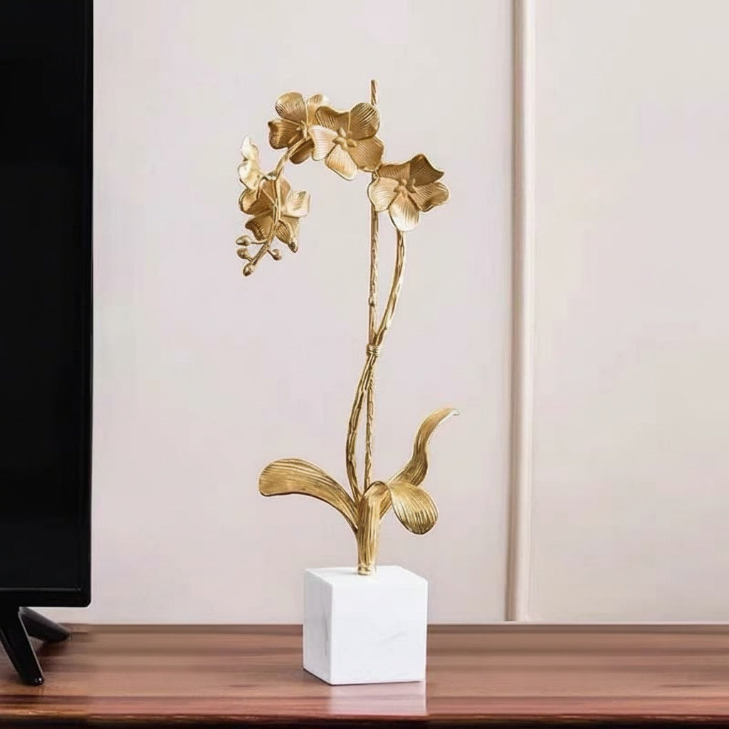 Gold Metal & Marble Orchid Sculpture