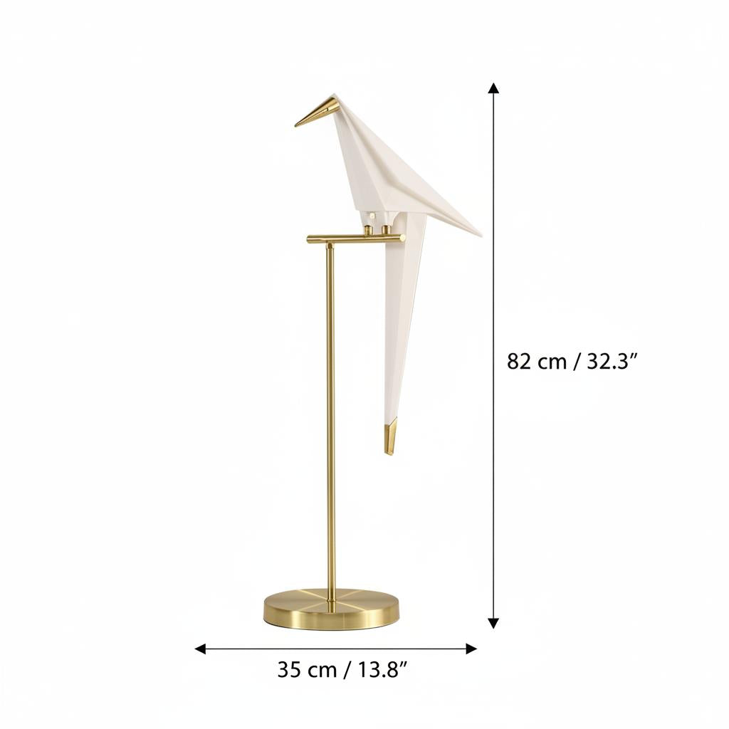Gold origami bird table lamp dimensions diagram