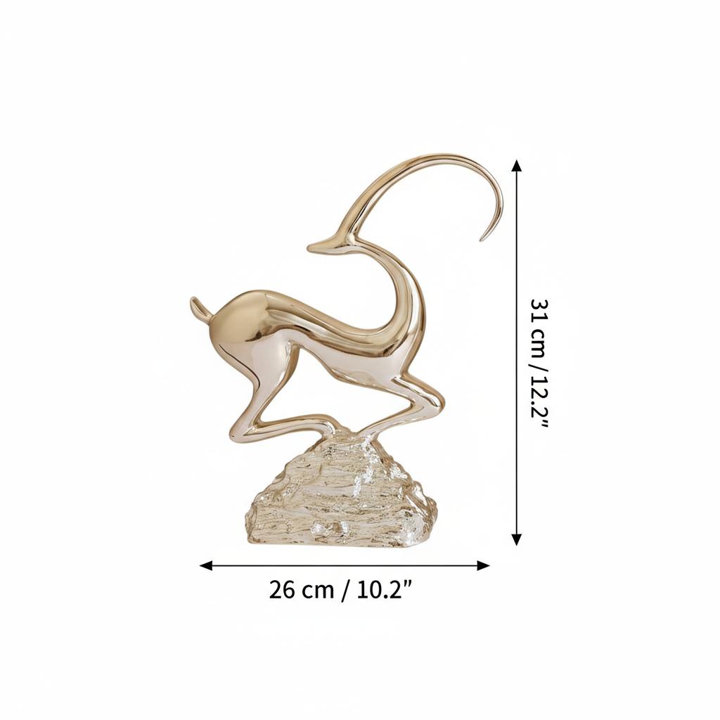 Dimensions of gold resin antelope sculpture showing height and width