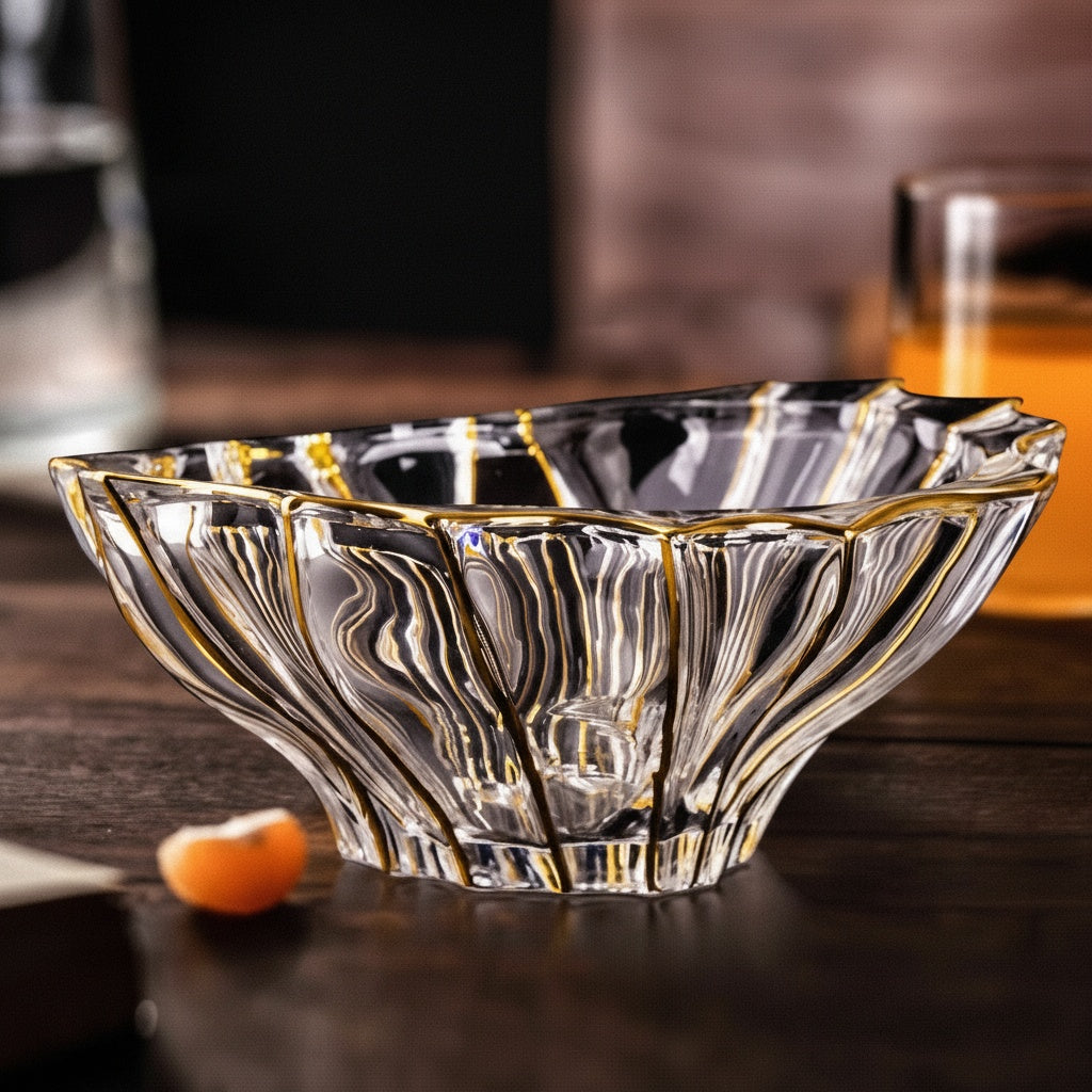 Side view of gold rimmed crystal bowl with fruit on wooden table